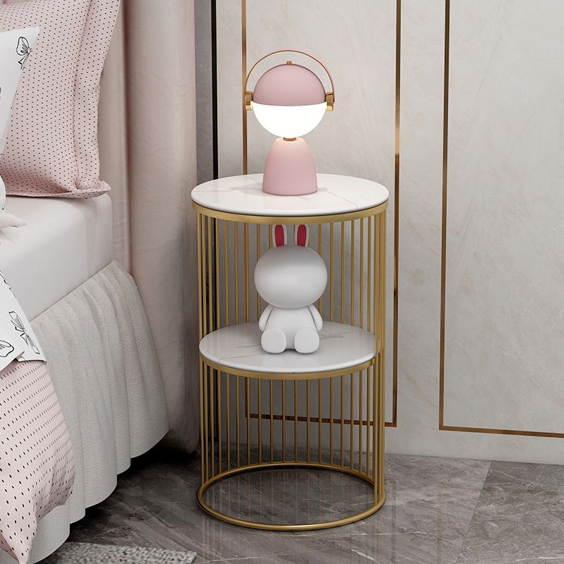 Round Stone Top Nightstand Metal Frame Night Table with Shelves