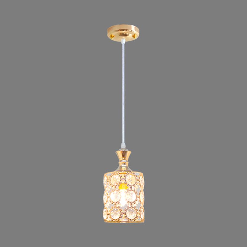 3-Layer Sunflower Pendulum Light with Cylinder Design Modern Crystal Embedded 1 Bulb Restaurant Pendant in Gold