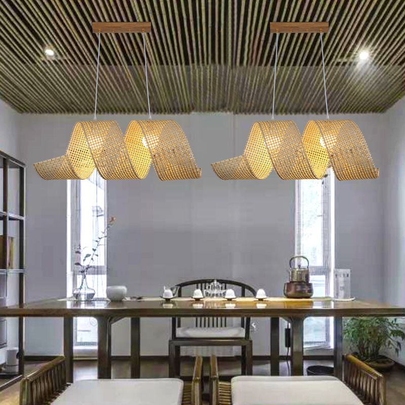 Beige Curl Hanging Light Minimalist 2-Light Bamboo Pendant Light Fixture for Tea Room