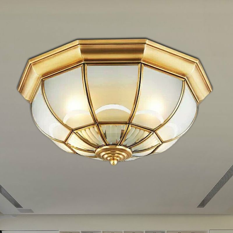 Frosted Glass Brass Ceiling Flush Dome 3/4/6 Heads Colonialist Flush Mount Lamp for Bedroom, 14"/18"/23.5" W