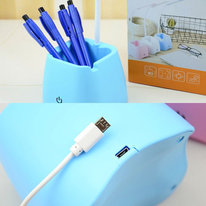 Lámpara de mesa LED de protección para los ojos estilo macarrón de macarrones de colorido Luz de escritorio con diseño de soporte de bolígrafo