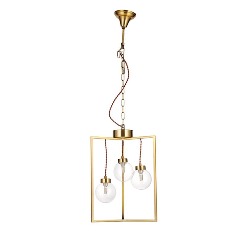 Brass 3/4 Lights Chandelier Light Fixture Traditional Clear Glass and Metal Rectangle Pendant Lamp
