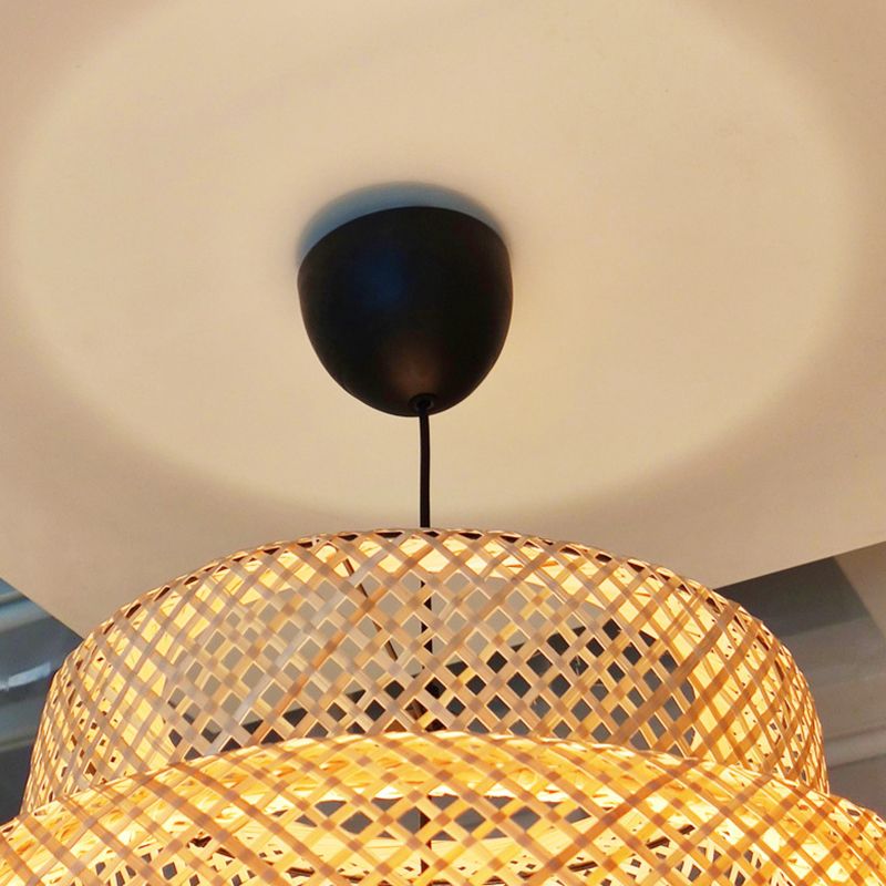 Modern Style Tiered Ceiling Light Bamboo 1-Light Restaurant Hanging Pendant Lighting in Beige