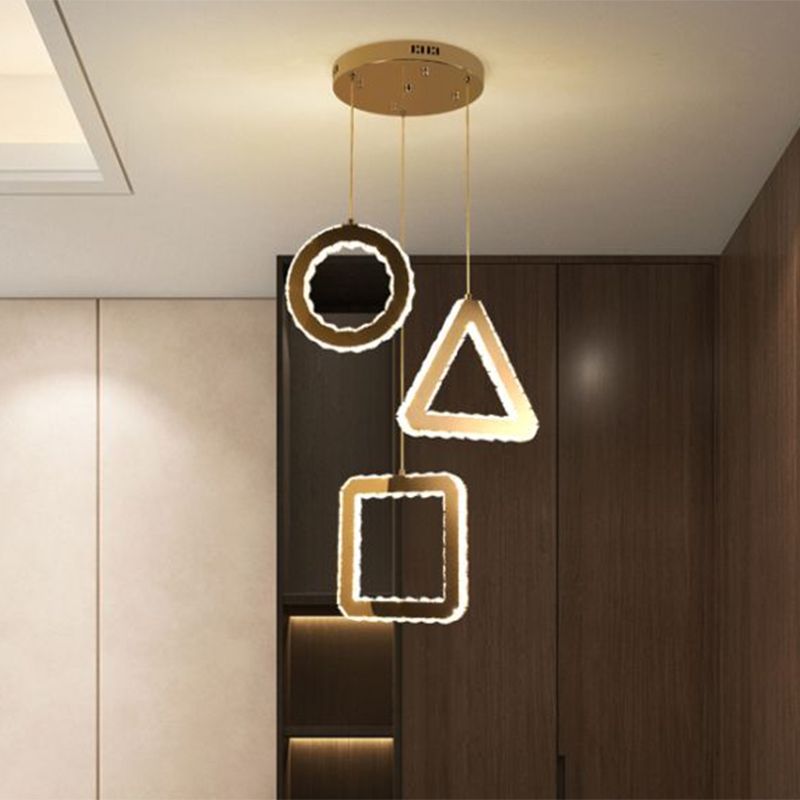 Clear Crystals Stainless-Steel Multi Ceiling Lamp Geometric Contemporary LED Pendant Lighting, Linear/Round Canopy
