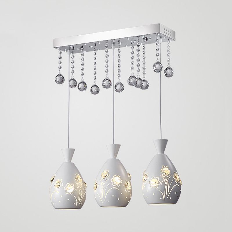 Hollow-Out Floret Iron Multi Light Ceiling Lamp Modern 3-Light White Hanging Pendant with Crystal Droplet
