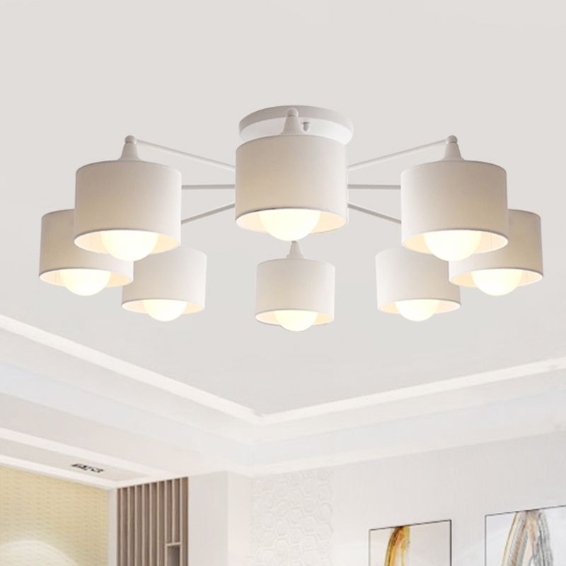 Fabric Sputnik Hanging Ceiling Light Minimalist 8 Lights Black/White/Flaxen Pendant Chandelier for Living Room