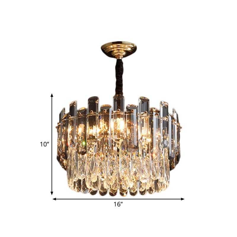 Clear Drum Suspension Lamp Modern Crystal Prismatic 6 Bulbs Dinning Hall Chandelier Light Fixture