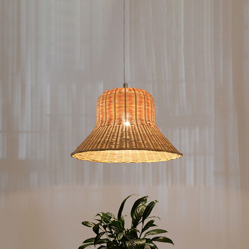 Beige Flared Hanging Lamp Japanese 1 Head Bamboo Pendant Light Fixture for Bedroom
