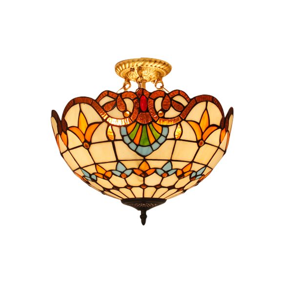 Victorian Designed Ceiling Fixture Tiffany Stylish Beige/Red/Orange/Brown/Blue/Purplish Blue Glass Semi Flush Ceiling Light for Study Room