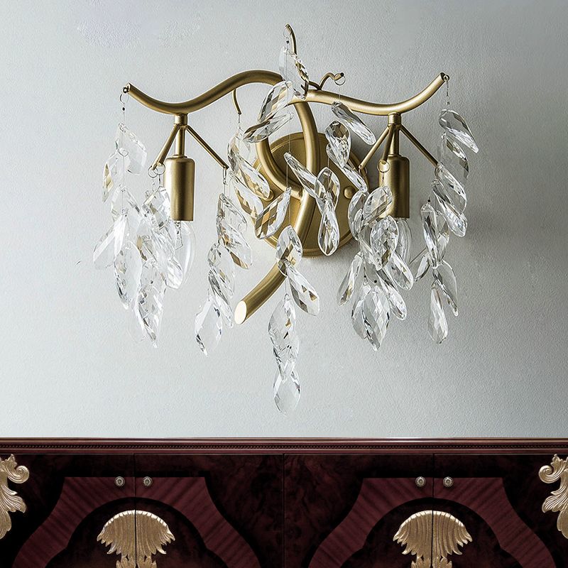 Metal Branch Wall Lighting Modernist Style 2 Bulbs Brass Finish Wall Sconce Lamp with Clear Crystal Leaf Deco