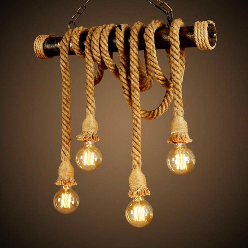 4/6 Lights Jute Rope Island Pendant Farmhouse Brown Linear Wine Bar Hanging Ceiling Light