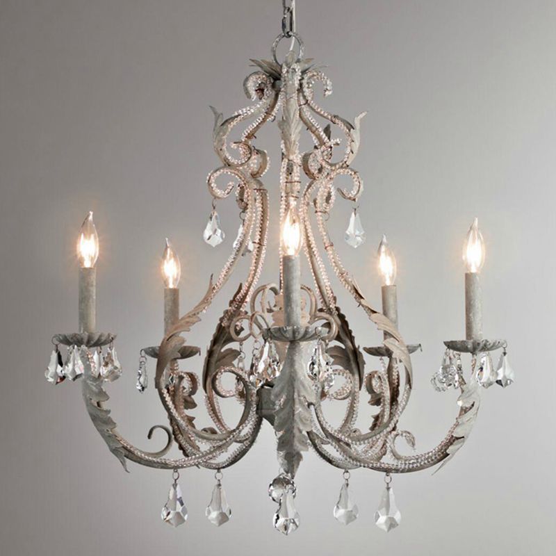 Metallic Candelabra Chandelier Light Retro 6 Heads Living Room Pendant Light with Crystal Beaded Arm