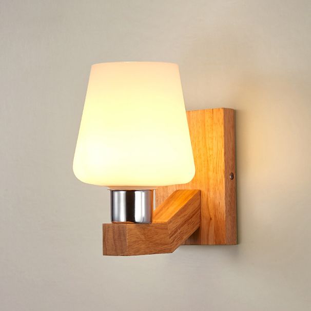 Modern Simple Glass Wall Sconce Wooden 1-Light Wall Light for Bedroom and Aisle
