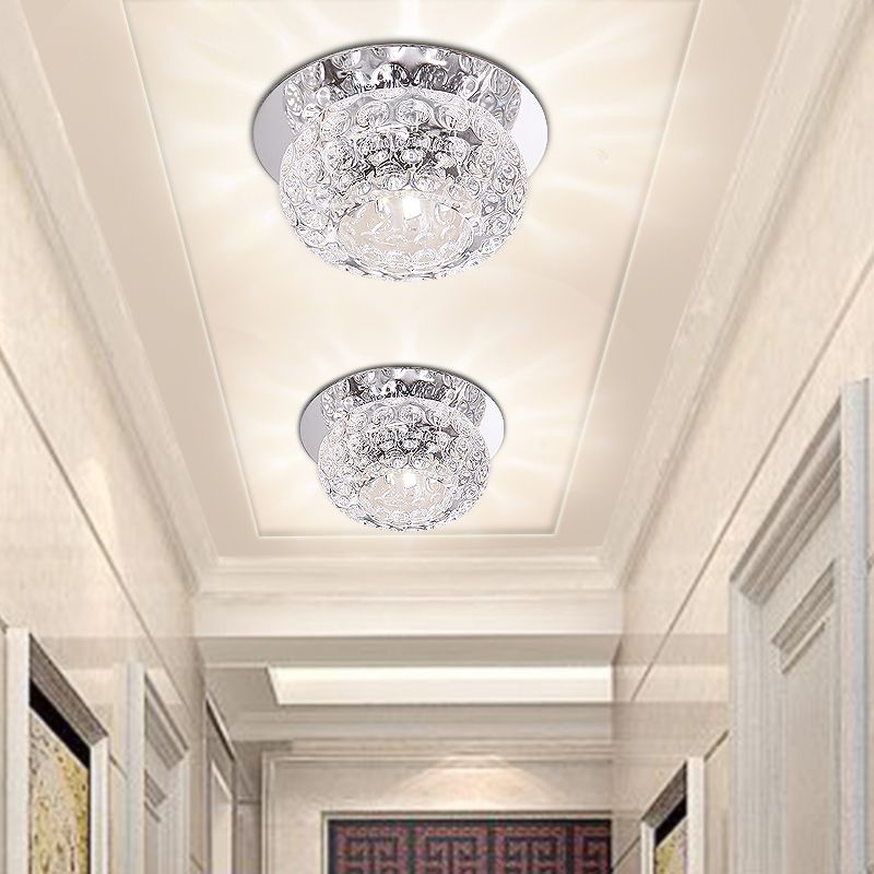 Clear Crystal Round Ceiling Lighting Modern LED Flush Mount Light in Chrome for Corridor
