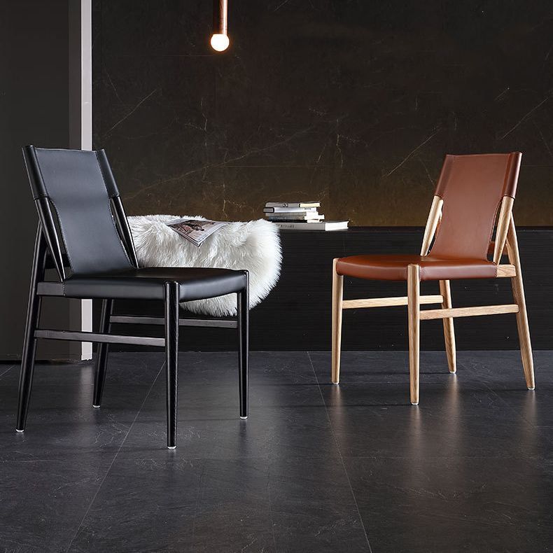 Modern Indoor-Outdoor Dining Chair Solid Wood Faux Leather Side Chair