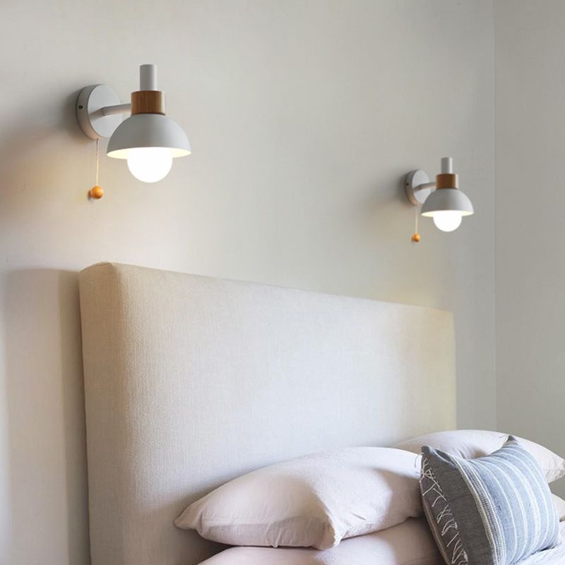 1 Head Bedside Wall Lamp Macaron White/Pink/Yellow Sconce Light Fixture with Domed Metal Shade