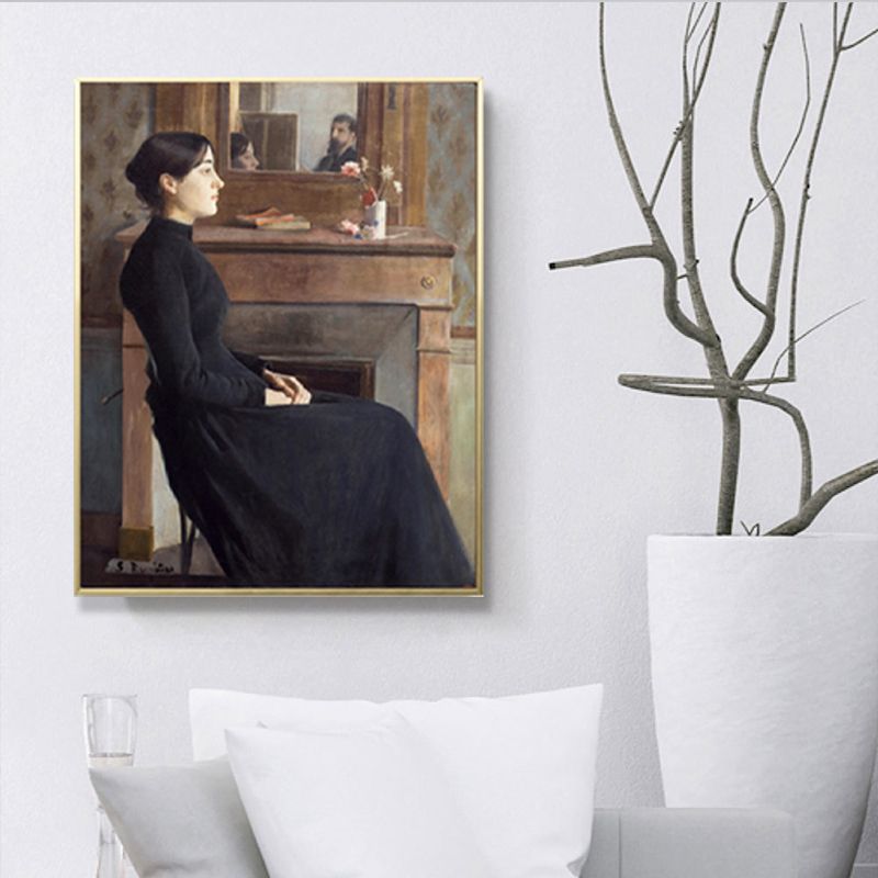 Traditional Style Canvas Pastel Color Girl and Fireplace Painting, Multiple Sizes