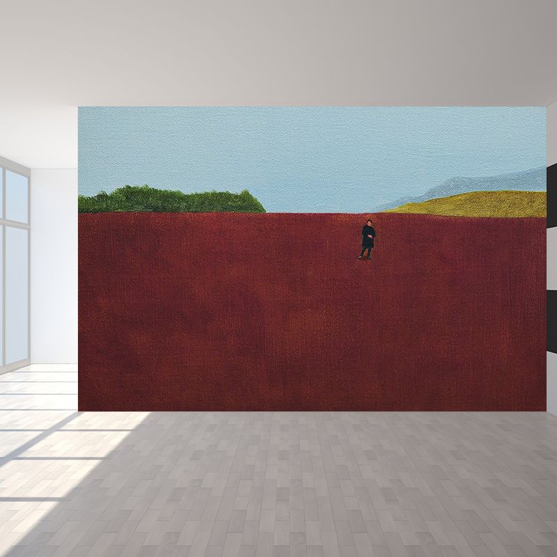 Modern Art Grassland Painting Mural Non-Woven Stain-Proof Red Wall Decor for Bedroom