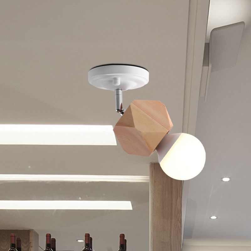 Metal Bare Bulb Semi Flush Ceiling Light Modern 1 Light White Finish Flushmount with Wood Top
