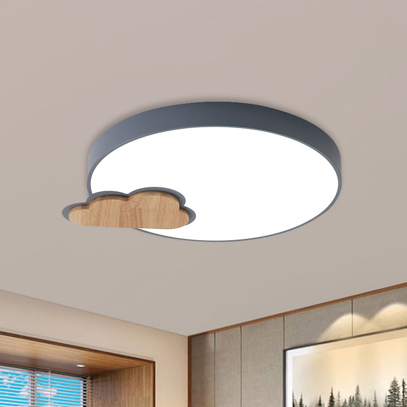 Grey/Green Finish Circle Flush Lamp Macaron LED Acrylic Flush Mount Ceiling Light with Cloud Wood Detail, White/Warm Light