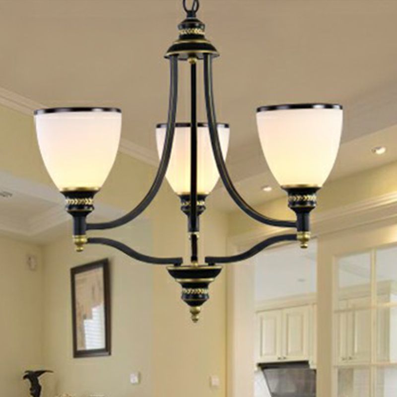 Bell Living Room Ceiling Lighting Traditional Opal Glass Black Chandelier Light Fixture
