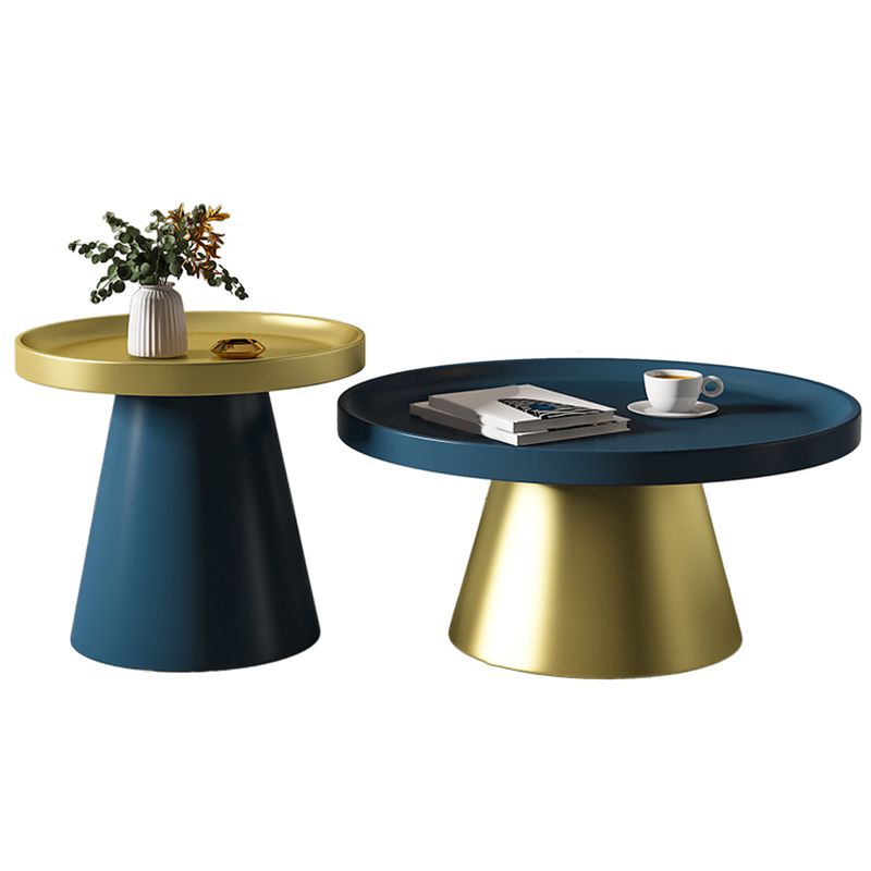 Mid-Century Modern Iron Coffee Table Round Tray Top Cocktail Table Set