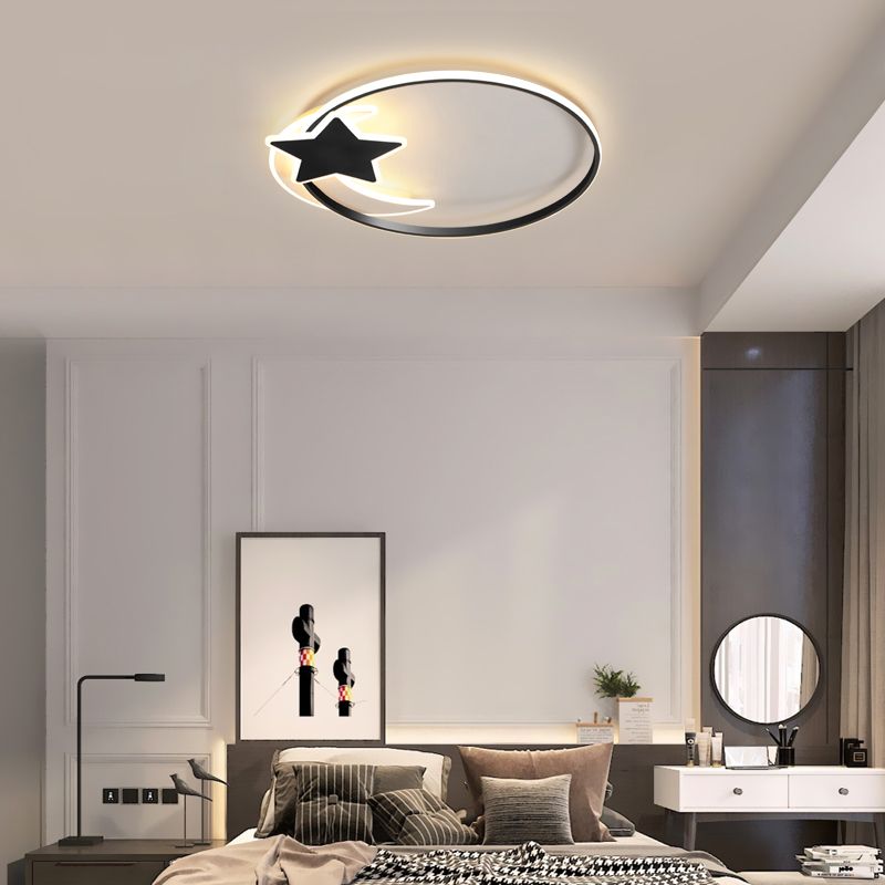 Lámpara empotrada de metal Simplicity con luz empotrada en el techo LED de anillo negro con decoración de luna y estrella
