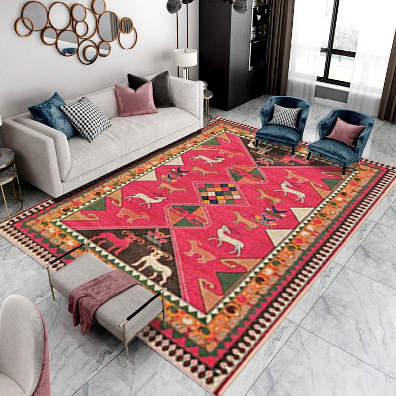 Wine Red Bohemian Rug Polyester Graphic Rug Non-Slip Backing Rug for Home Decoration