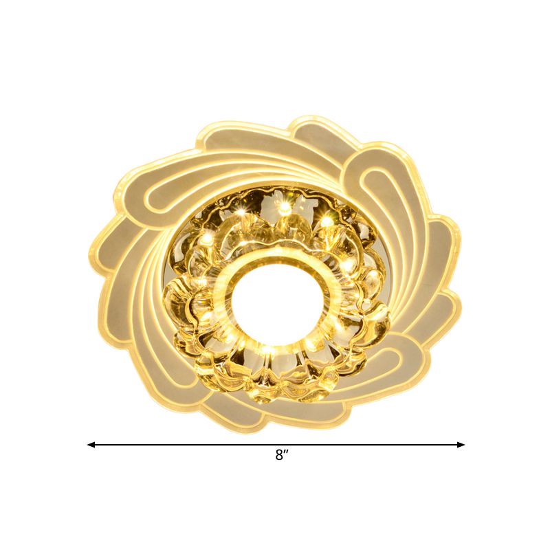Floral Crystal Ceiling Light Flush Mount Simplicity LED Hallway Flushmount in White with Spiral Edge, Warm/White/Multi Color Light