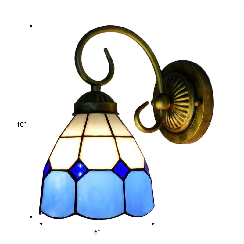 1 Head Bowl Wall Light Fixture Tiffany Orange/Blue/Pink Glass Sconce Light with Curved Arm for Corridor