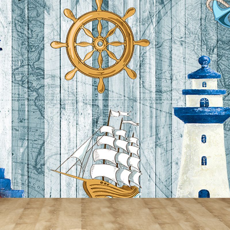 Nautical Lighthouse Mural Wallpaper Cartoon Non-Woven Cloth Wall Decor for Living Room
