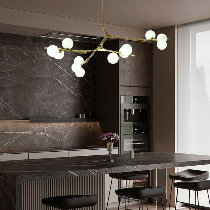 Sospensione di ramo albero luce minimalista in metallo sala da pranzo lampadario con sfera di vetro bianco