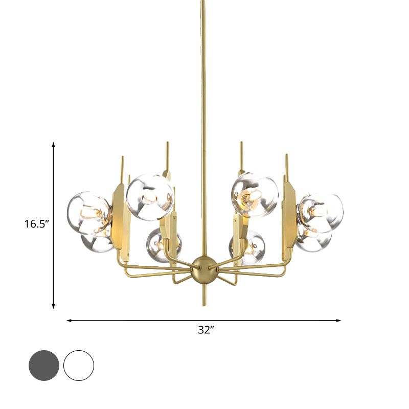 Lampada del lampadario a 8 luci del soggiorno Post Modern Gold Affermazione Gold con sfera di vetro bianco/fumo grigio.