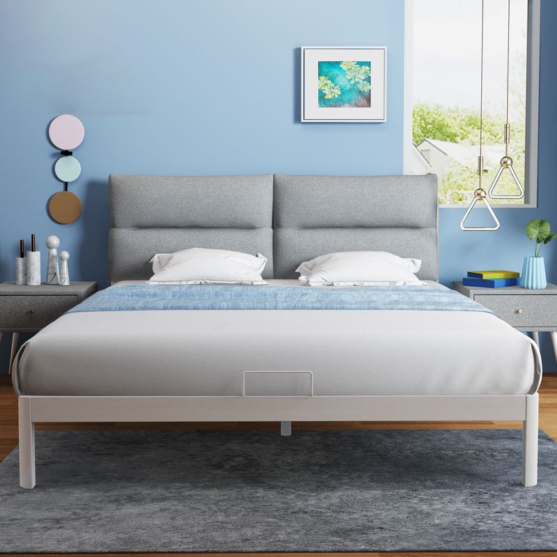 Contemporary Metal Platform Bed Panel Frame with Upholstered Headboard