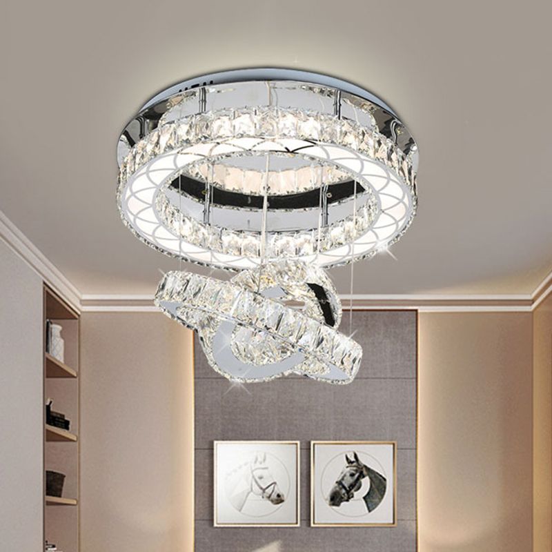 Crystal Block Rings Semi-Flush Mount Minimalism LED Close to Ceiling Lighting in Chrome, Warm/White Light