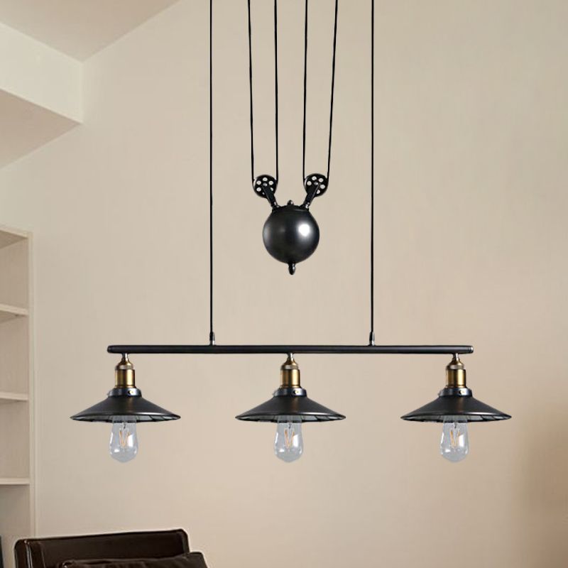 Saucer Foyer Island Lighting Style industriel Metal 3 lumières Black suspension de plafond avec poulie