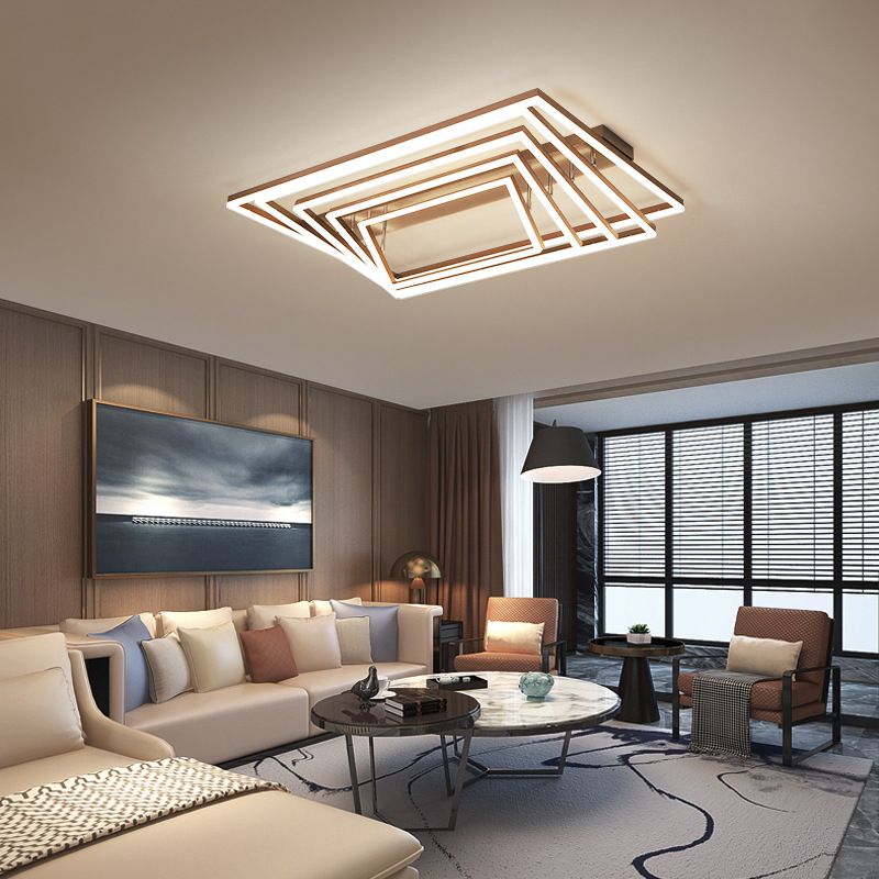 Multi-Tiered Rectangle Ceiling Lamp Minimalist Metal Living Room LED Flush Mount Lighting in Brown