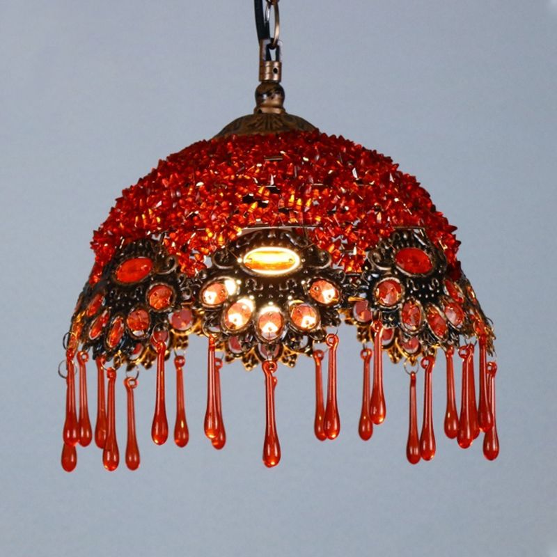 1-Light Metal Ceiling Lamp Traditional Red Dome Shaped Restaurant Hanging Light Fixture