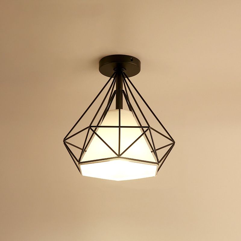 Plafonnier simple à encastrer, luminaire vintage en métal en forme de diamant avec abat-jour en tissu conique