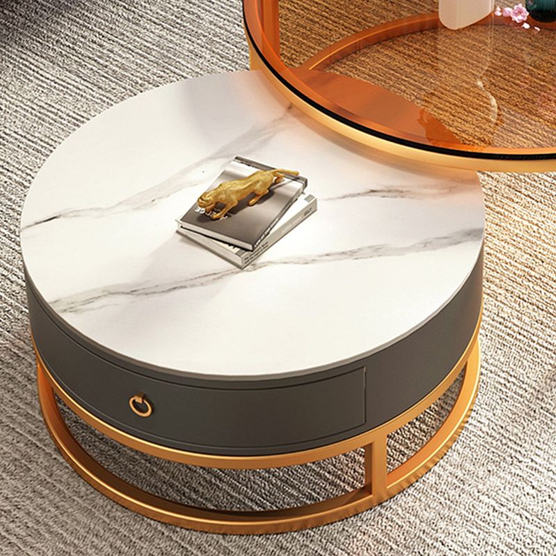 Round Nesting Coffee Table Set Frame Glass Coffee Table with Drawer