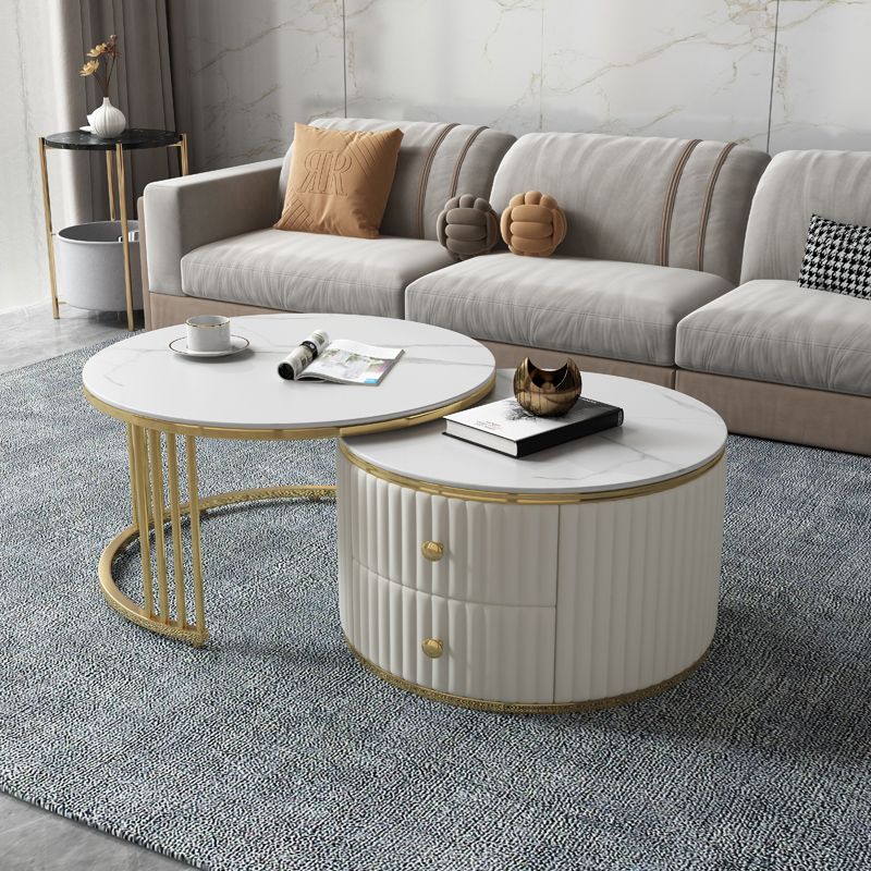 Round Coffee Table Glass Top Nesting Coffee Table Set with Golden Legs