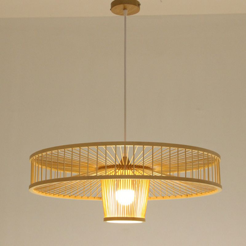 Asian Style Bamboo Weaving Suspension Light Single Bulb Creative Hanging Lighting Fixture in Beige