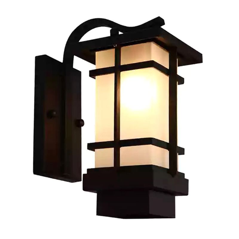 Black Retro Metallic Wall Sconce with Gooseneck Arm Rectangle Milk White Shade Waterproof Wall Lamp