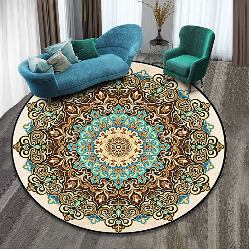 Multicolor Folk Art Print Rug Polyester Moroccan Area Rug Non-Slip Backing Pet Friendly Machine Washable Rug for Guest Room