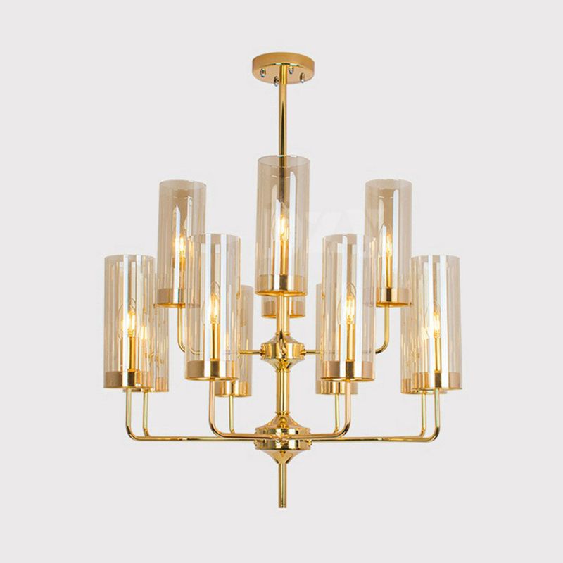 Zylindrisch auf Kronleuchter postmoderner Glas Messing Finish hängende Licht für Wohnzimmer