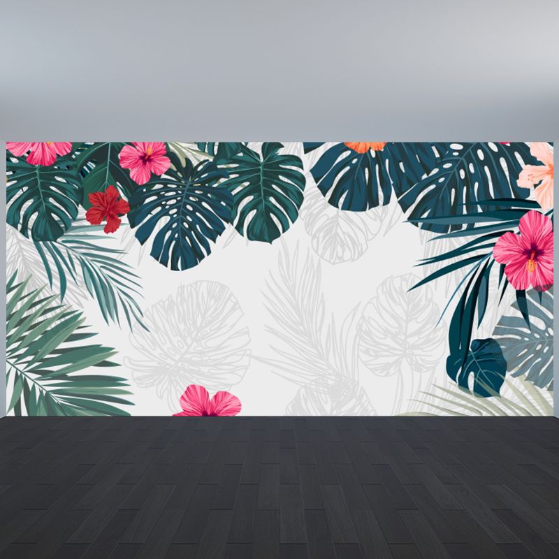 Full Size Illustration Tropical Mural Decal with Flowers and Leaves Landscape in White