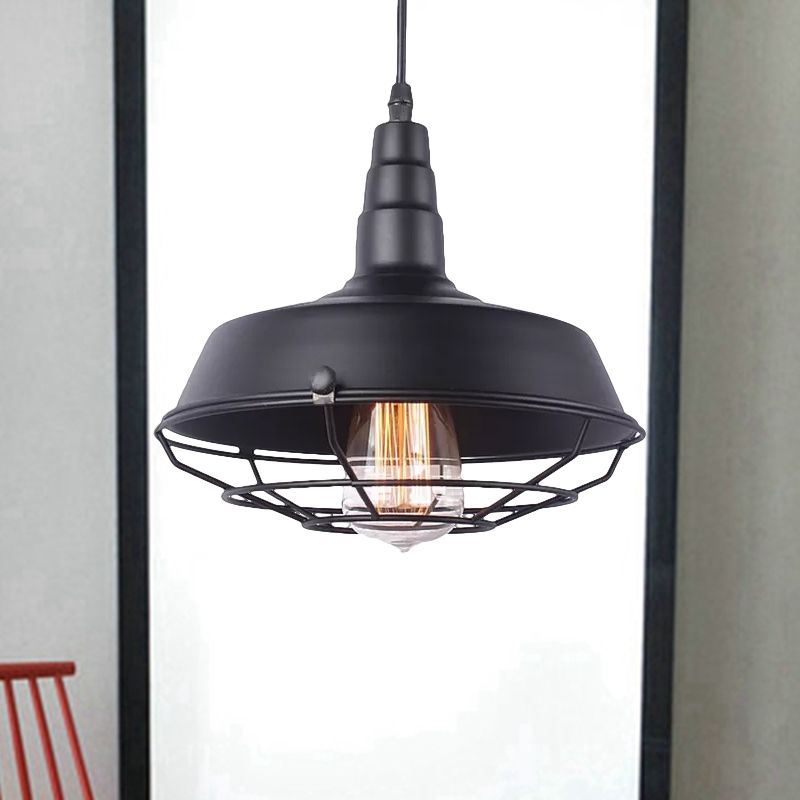 White Inner/Black Wire Guard Pendant Lighting with Barn Shade Vintage Wrought Iron 1 Light Kitchen Suspended Light