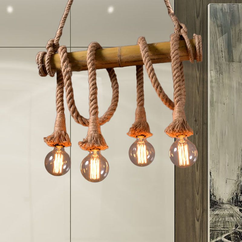 3/4 Lights Open Bulb Island Light Lodge Industrial Beige Adjustable Rope Ceiling Light with Bamboo