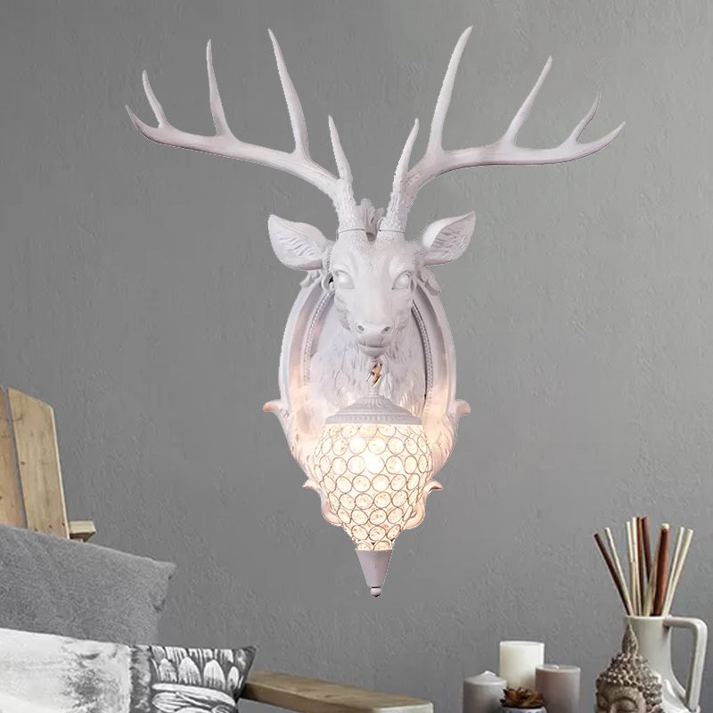 White/Beige/Yellow Deer Wall Lighting Rustic Resin 1 Light Living Room Sconce Lamp with Droplet Crystal Shade