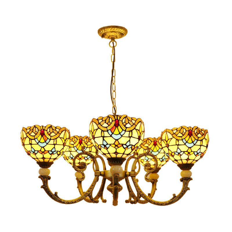 Iluminación de araña de cúpula mediterránea 5 luces colgante de caída de vidrio manchado en naranja/azul para sala de estar